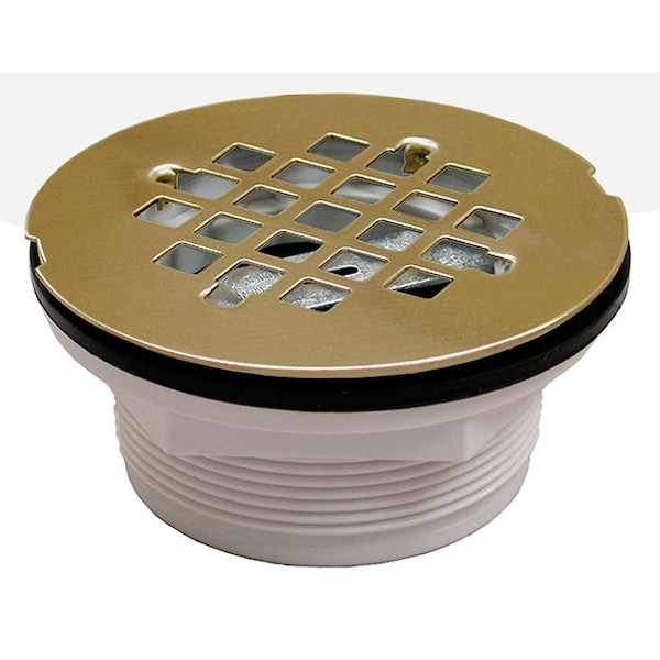Jones Stephens 2in. PVC Drop-in Solvent Outlet Shower Stall Drain with Polished Brass Strainer D41009 - main